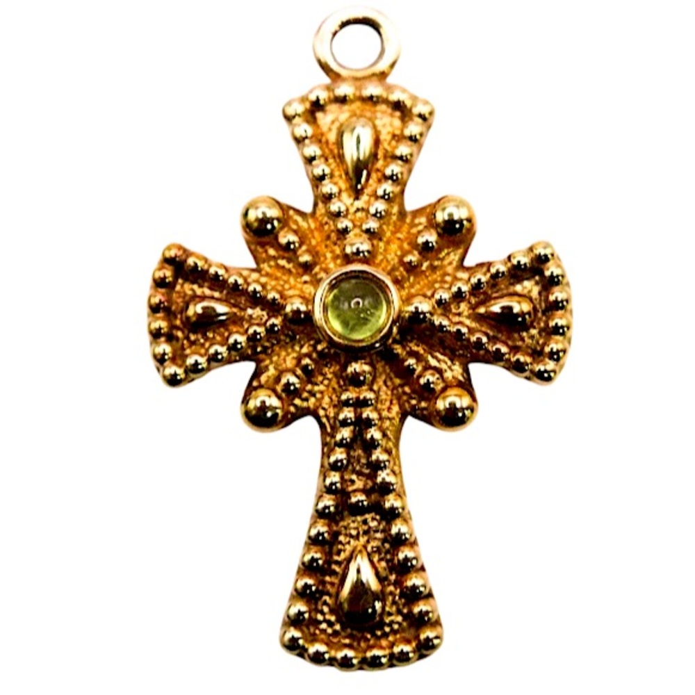 Antique-Style 14K Gold Cross Pendant with Peridot Cabochon | Ornate Vintage